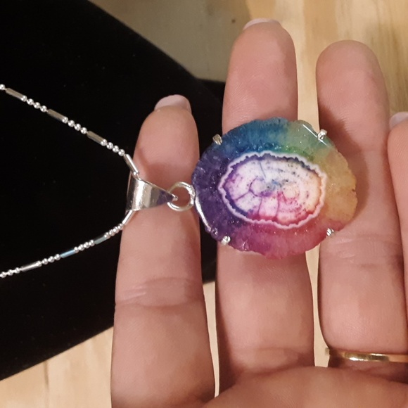 Rainbow Crystal Quartz Rock Geode Necklace Sterling Silver - Picture 1 of 4